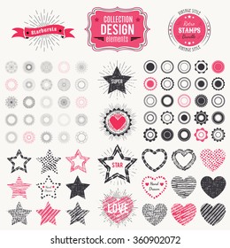 Collection of premium design elements. Vector illustration for chic vintage insignia. Retro logos constructor. Set of starbursts, stamps, frames, heart and star shapes.