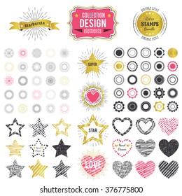 Collection of premium design elements. Vector illustration for chic vintage insignia. Retro logos constructor. Set of starbursts, stamps, frames, heart and star shapes. Black, golden and pink colors.