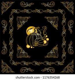 Collection of premium gold square frames, corners, dividers for black background. Pumpkin, witch hat, bat, broom, cute autumn elements. Abstract signs and symbols, ornate vintage style. Set 6 from 6