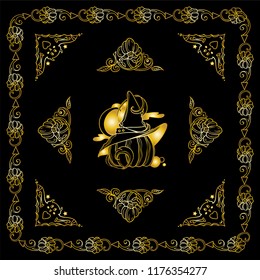 Collection of premium gold square frames, corners, dividers for black background. Pumpkin, witch hat, bat, broom, cute autumn elements. Abstract signs and symbols, ornate vintage style. Set 5 from 6