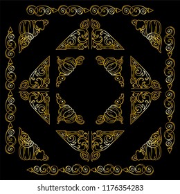 Collection of premium gold square frames, corners, dividers for black background. Pumpkin, witch hat, bat, broom, cute autumn elements. Abstract signs and symbols, ornate vintage style. Set 4 from 6