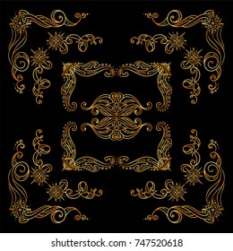 Collection of premium gold square frames, corners, dividers for black background. Stars, waves, Space, celestial body abstract elements. Abstract signs and symbols, ornate vintage style. Set 1 from 6 