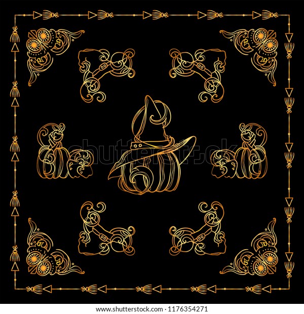 Collection of premium gold square frames, corners,
dividers for black background. Pumpkin, witch hat, bat, broom, cute
autumn elements. Abstract signs and symbols, ornate vintage style.
Set 3 from 6