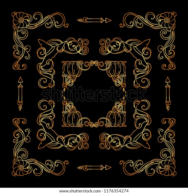 Collection of premium gold square frames, corners,
dividers for black background. Pumpkin, witch hat, bat, broom, cute
autumn elements. Abstract signs and symbols, ornate vintage style.
Set 1 from 6