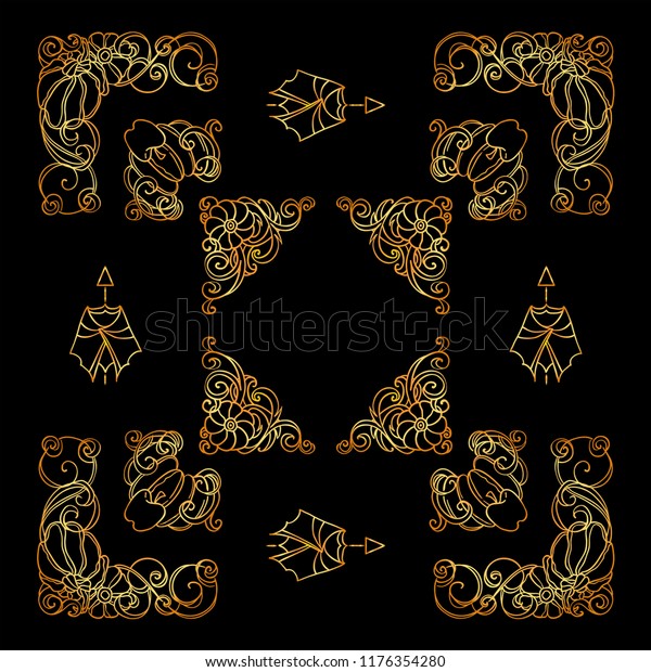 Collection of premium gold square frames, corners,
dividers for black background. Pumpkin, witch hat, bat, broom, cute
autumn elements. Abstract signs and symbols, ornate vintage style.
Set 2 from 6