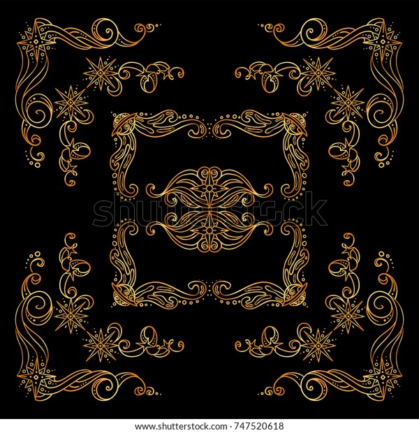 Collection of premium gold square frames, corners,\
dividers for black background. Stars, waves, Space, celestial body\
abstract elements. Abstract signs and symbols, ornate vintage\
style. Set 1 from 6\
