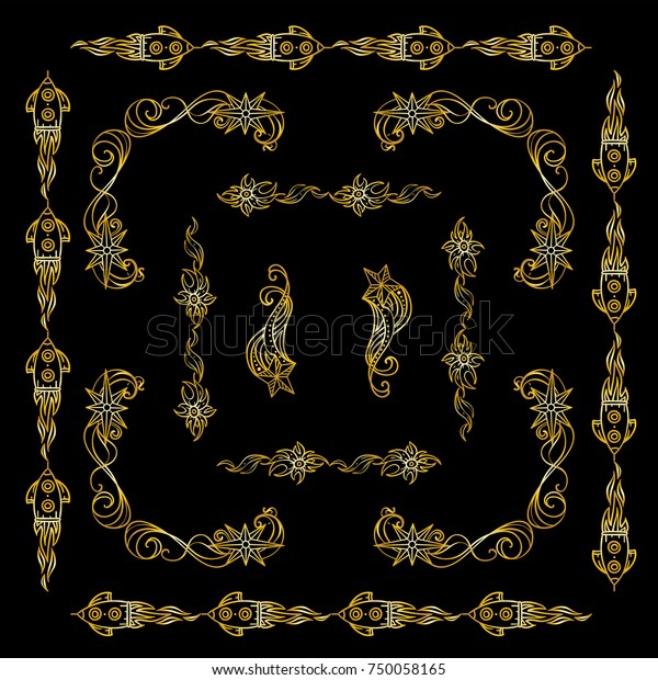 Collection of premium gold square frames, corners,\
dividers for black background. Stars, waves, Space and celestial\
body abstract elements. Abstract signs, symbols, ornate vintage\
style. Set 1 from 6\
