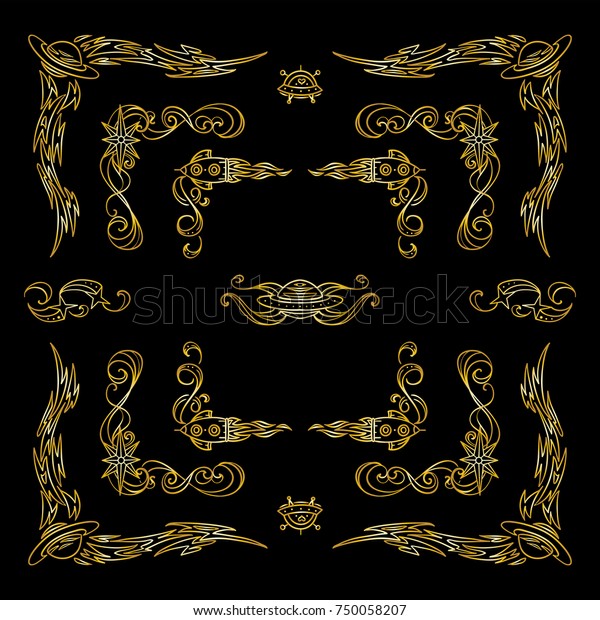 Collection of premium gold square frames, corners,\
dividers for black background. Stars, waves, Space and celestial\
body abstract elements. Abstract signs, symbols, ornate vintage\
style. Set 1 from 6\
