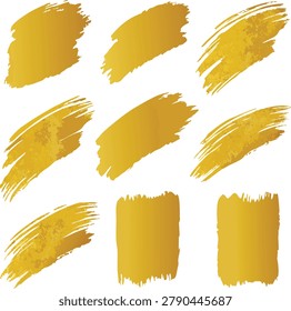 Collection of premium gold textured paint strokes and ink smears. These artistic metallic elements provide sophisticated highlights and glamorous accents for luxury branding.