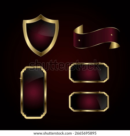 Collection of premium and luxury sleeks black buttons and burgundy shield banners with a lustrous gold border, symbolizing prestige and authority, vector illustration