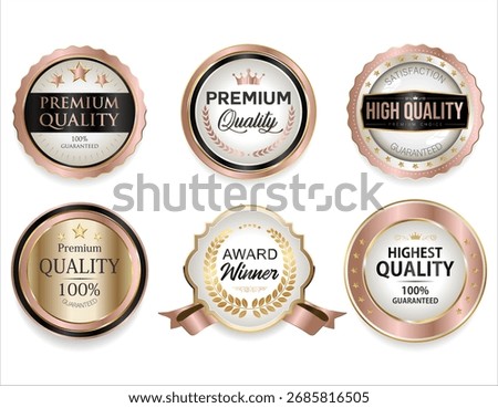 Collection of premium quality and customer satisfaction warranty guaranteed gold and pink badges and emblem