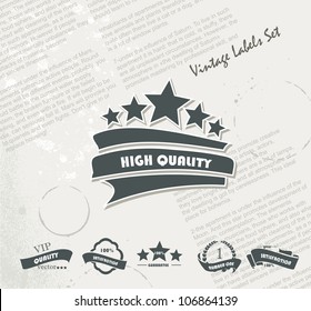 Collection of Premium Quality and Guarantee Labels on the Old Newspaper