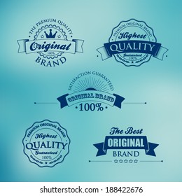 Collection of Premium Quality and Guarantee Labels with retro vintage styled design on blur background. Vector set and Vector background for you.