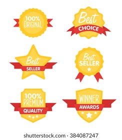 Collection of Premium Quality, Guarantee Labels, Best Seller and Winner badges on modern styled design. 
