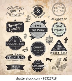 Collection Of Premium Quality And Guarantee Labels With Retro Vintage Styled Design And Old Paper Grunge Texture