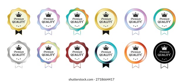 Colección de distintivos y distintivos de calidad premium para uso comercial y de marketing, con varios colores y diseños para transmitir excelencia y superioridad.