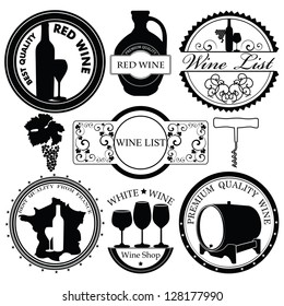 Collection of Premium Quality Wine Labels with retro vintage styled design  Vector set with decorative elements - glasses for white wine, grapes, bottle, grapes  and decoration