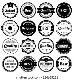 Collection of premium vector badges & packaging labels.Styles include modern,retro, clean, & classic. Isolated design elements includes typography for Quality,Authentic, Best,Original, & Select.Eps10.