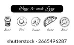 A collection of prepared egg methods - sketch outline drawings. Ways to cook eggs infographic. Boiled, fried, baked, poached egg, and omelet. Hand drawn vector line art