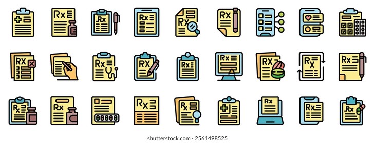 Collection of prescription icons representing various aspects of healthcare, including doctor's notes, medication bottles, online pharmacies, and medical records