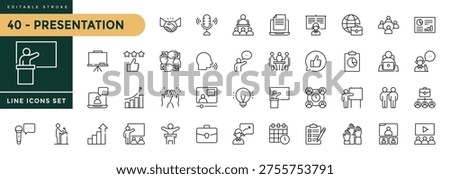 A collection of Presentation icons set with editable stroke, including for business presentations. Thin linear vector illustration.