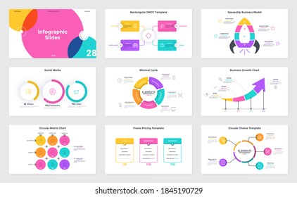  Collection of presentation slides or pages - circular matrix chart, pricing table, pie diagram, spaceship business model. Infographic design templates. Flat minimal vector illustration for analytics.