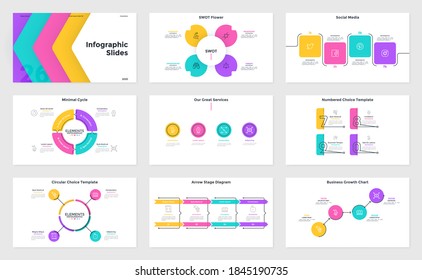 Collection of presentation slides or pages - SWOT flower petal diagram, pie charts and flow graphs with 4 elements. Flat infographic design templates. Simple vector illustration for business analysis.