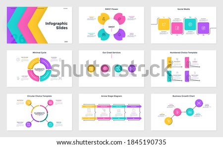 Collection of presentation slides or pages - SWOT flower petal diagram, pie charts and flow graphs with 4 elements. Flat infographic design templates. Simple vector illustration for business analysis.
