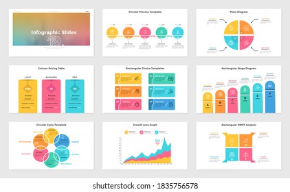 Collection of presentation slides - square SWOT chart, flow and cycle diagrams with stages, column pricing table. Modern infographic design templates. Minimal flat vector illustration.