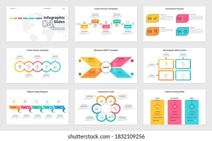 Colección de diapositivas de presentación: gráfico SWOT con elementos rhombus, diagramas de flujo y ciclo con etapas, tabla de precios de columna. Plantillas modernas de diseño de infografía. Ilustración vectorial plana mínima.