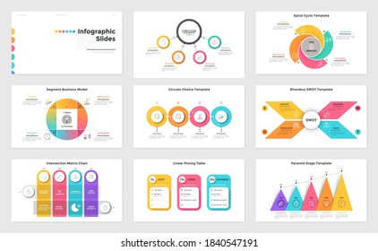 Colección de diapositivas de presentación: gráfico SWOT con elementos rhombus, diagramas de matriz y ciclo con etapas, tabla de precios. Plantillas modernas de diseño de infografía. Ilustración vectorial plana mínima.