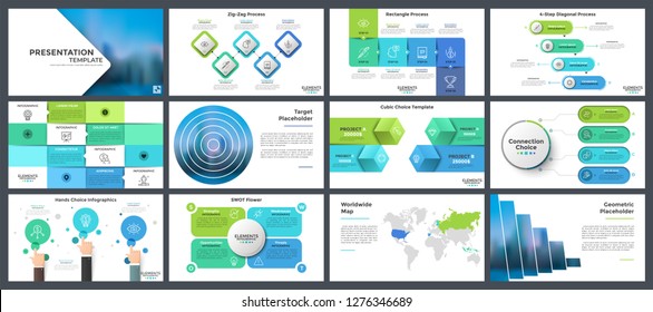 Collection of presentation templates, page or slide layout design with infographic elements for brochure, business information visualization, corporate analytical report. Vector illustration.