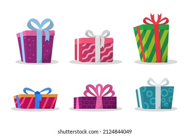Collection of presents boxes wrapped with Colorful paper and bow for Birthday, Christmas. Party gifts, Vector illustration 