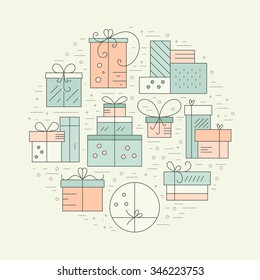 Collection of presents and gift boxes arranged in a circle. Design element for postcard, invitation, banner or flyer made in modern line style vector. Birthday party or holiday illustration. 