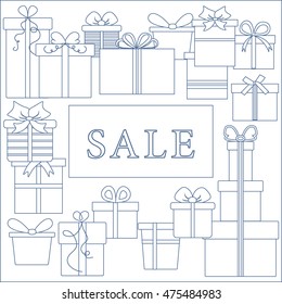 Collection of presents and gift boxes with text sale. Design element for postcard, invitation, banner or flyer.
