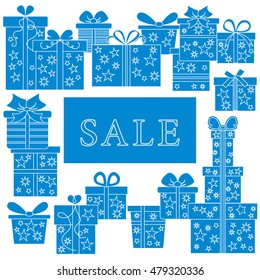 Collection of presents and gift boxes with text sale. Design element for postcard, invitation, banner or flyer.