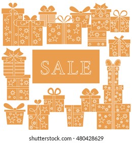 Collection of presents and gift boxes with text sale. Design element for postcard, invitation, banner or flyer.