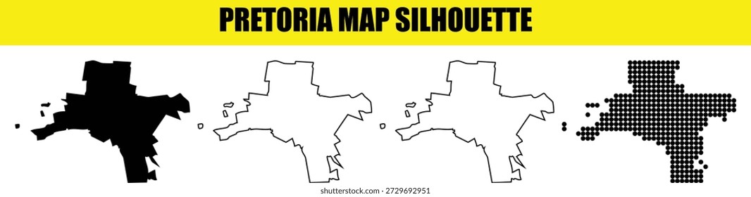 Collection of Pretoria city silhouettes: solid black, white outline, thin line drawing, and dotted representation. Ideal for cartography, geography, and South African urban designs.