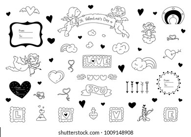 Collection of pretty cupid, clouds, hearts, valentine's cards and phrases, vector illustration, isolated