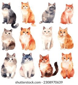 Collection of pretty delicate watercolour cats each cat is a different type 