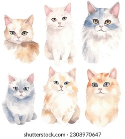 Collection of pretty delicate watercolour cats each cat is a different type 