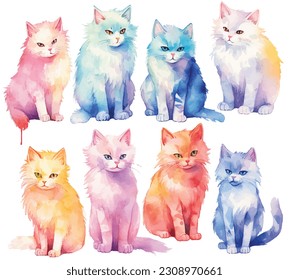 Collection of pretty delicate watercolour cats each cat is a different type 