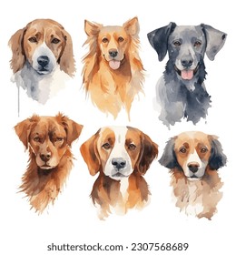 Collection of pretty delicate watercolour dogs. Each dog is a different type