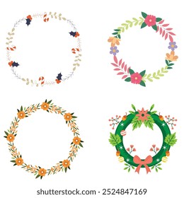 Colección de bonitas y suaves decoraciones navideñas: corona redonda y ramos con Plantillas circulares. Ilustración plana moderna: hojas, flores, ramas de pino, muérdago con bayas. Vector