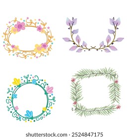 Colección de bonitas y suaves decoraciones navideñas: corona redonda y ramos con Plantillas circulares. Ilustración plana moderna: hojas, flores, ramas de pino, muérdago con bayas. Vector