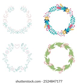 Colección de bonitas y suaves decoraciones navideñas: corona redonda y ramos con Plantillas circulares. Ilustración plana moderna: hojas, flores, ramas de pino, muérdago con bayas. Vector