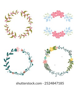 Colección de bonitas y suaves decoraciones navideñas: corona redonda y ramos con Plantillas circulares. Ilustración plana moderna: hojas, flores, ramas de pino, muérdago con bayas. Vector