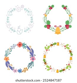 Colección de bonitas y suaves decoraciones navideñas: corona redonda y ramos con Plantillas circulares. Ilustración plana moderna: hojas, flores, ramas de pino, muérdago con bayas. Vector