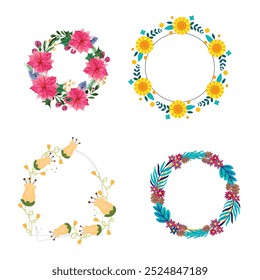 Colección de bonitas y suaves decoraciones navideñas: corona redonda y ramos con Plantillas circulares. Ilustración plana moderna: hojas, flores, ramas de pino, muérdago con bayas. Vector