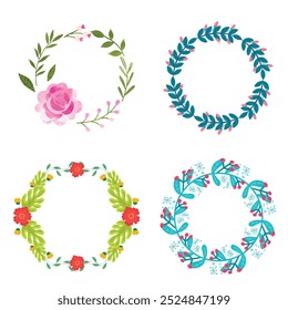 Colección de bonitas y suaves decoraciones navideñas: corona redonda y ramos con Plantillas circulares. Ilustración plana moderna: hojas, flores, ramas de pino, muérdago con bayas. Vector